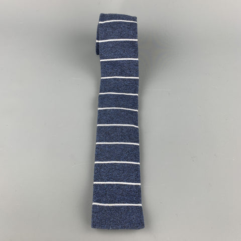 FIL D'ECOSSE Navy & White Striped Cotton Knit Square Tie