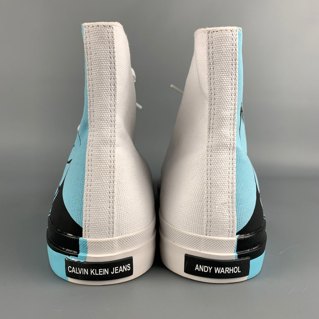 CALVIN KLEIN 205W39NYC Size 12 White & Blue Iconic Warhol Graphic Canvas High Top Sneakers