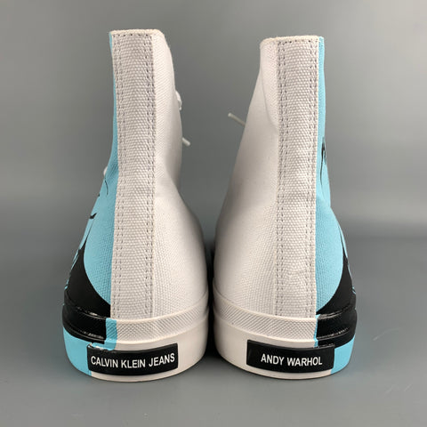 CALVIN KLEIN 205W39NYC Taille 12 Baskets montantes en toile graphique Warhol emblématique blanc et bleu