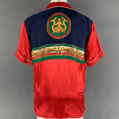 GUCCI Size M Red Multi-Color Graphic Silk  Acetate Short Sleeve Shirt