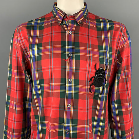 ALEXANDER MCQUEEN Size XL Multi-Color Tartan Cotton Beetle Patch Button Down Long Sleeve Shirt