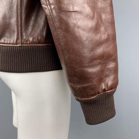 PRADA Chest Size 40 Brown Leather High Collar Epaullettes Zip & Buttons Patch Pockets Jacket