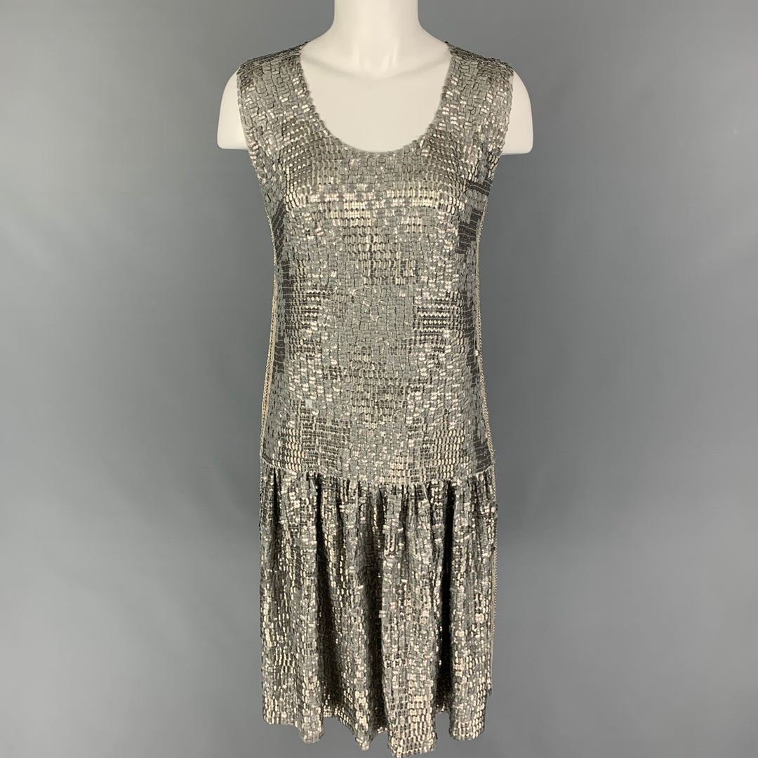 DRIES VAN NOTEN Taille 8 Robe droite à paillettes en soie argentée
