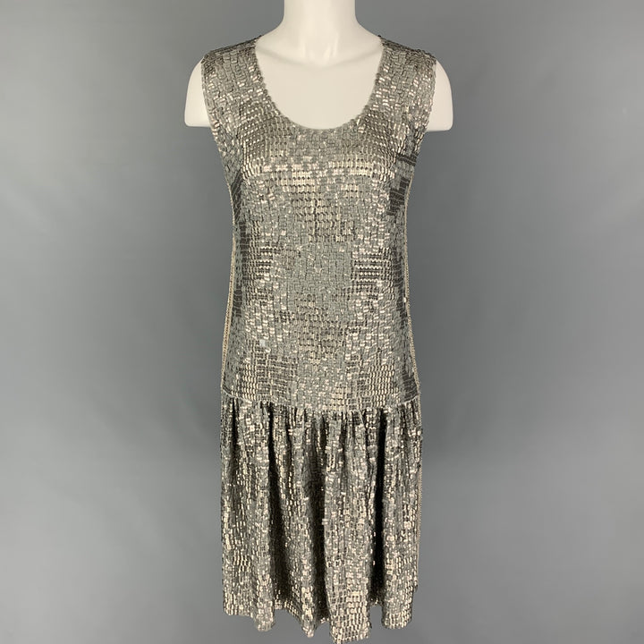 DRIES VAN NOTEN Taille 8 Robe droite à paillettes en soie argentée