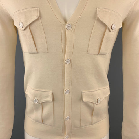 RALPH LAUREN Size S Beige Solid Merino Wool Patch Pockets Cardigan Sweater