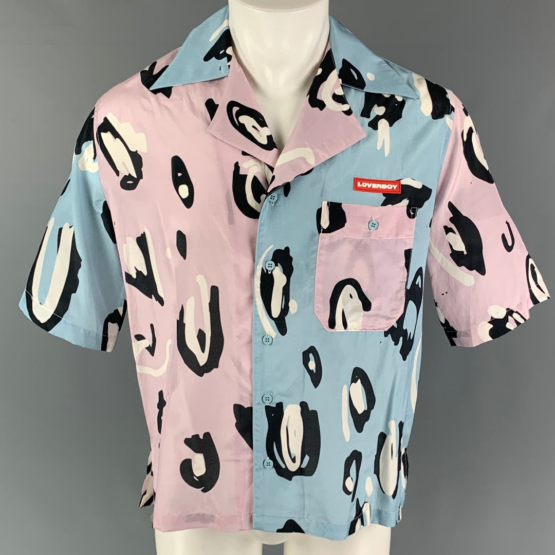 LOVERBOY Size S Light Blue Lavender Print Silk Cotton Camp Short Sleeve Shirt