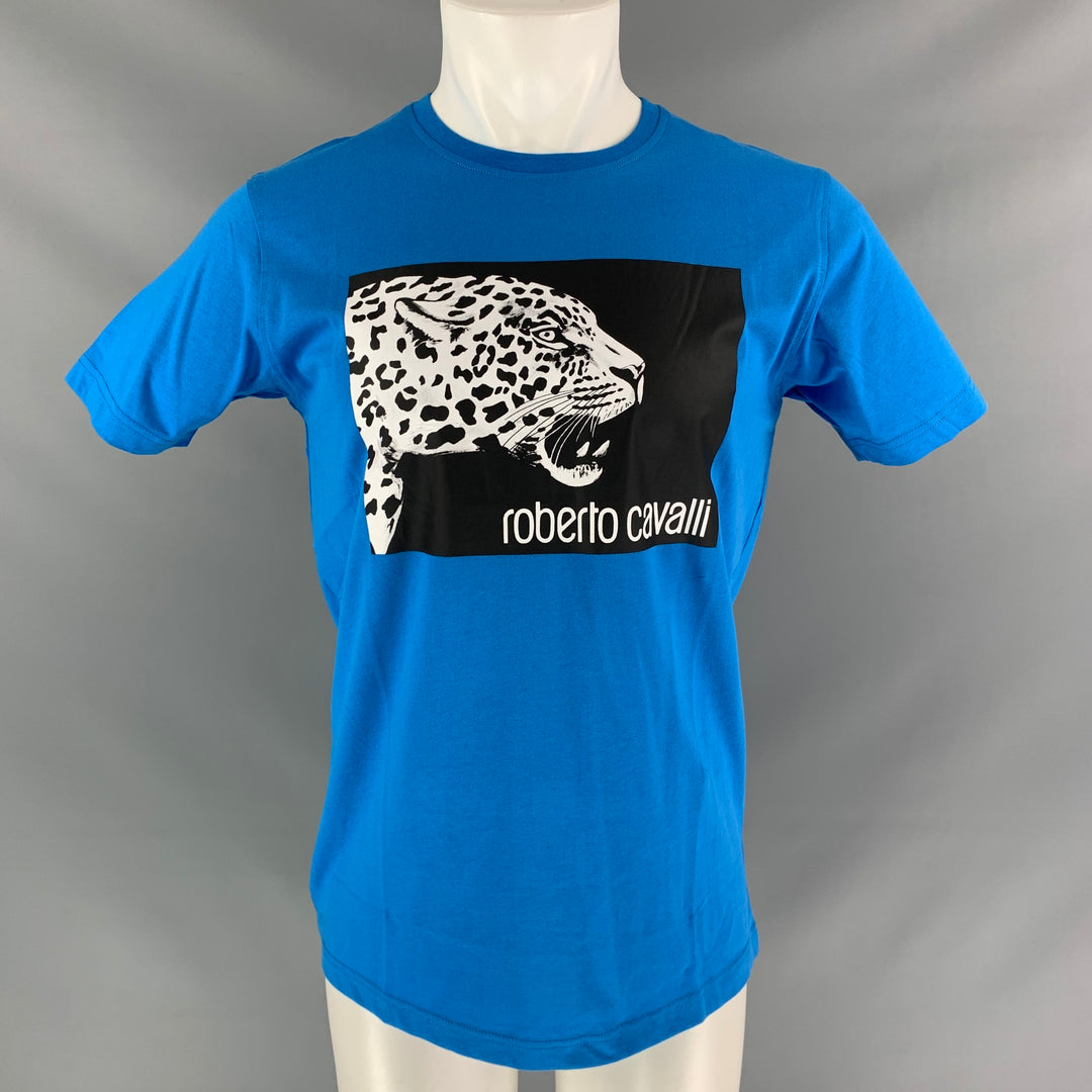 ROBERTO CAVALLI Size M Blue Black & white Graphic Cotton Short Sleeve Shirt