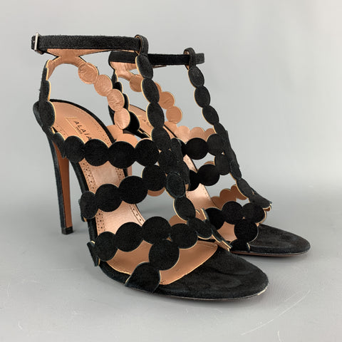 ALAIA Sandalias con tiras cortadas con láser de ante negro talla 8
