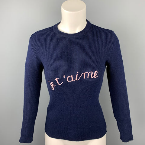 VINTAGE Taille M Marine Tricoté Pull Acrylique Brodé