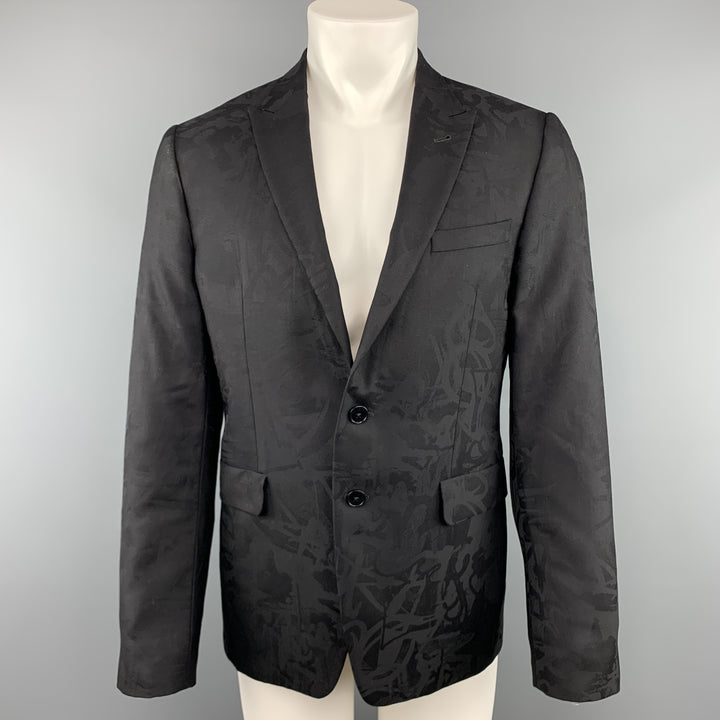 PS by PAUL SMITH Taille 40 Imprimé Noir sur Noir Imprimé Graffiti Textured Wool Peak Lapel Sport Coat