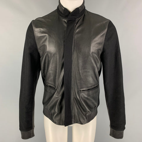 CALVIN KLEIN COLLECTION Size M Black Leather Canvas Bomber Jacket