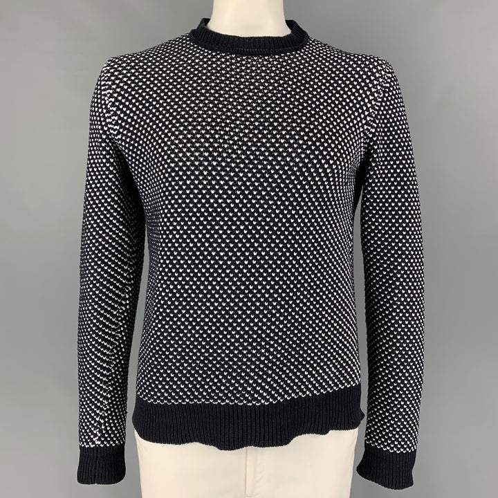 RAF SIMONS Size L Black White Knit Cotton Blend Crew-Neck Sweater