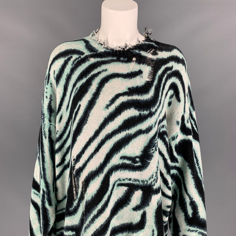 R13 Size XS Aqua & Black Zebra Print Cotton Distressed Oversized Pullover