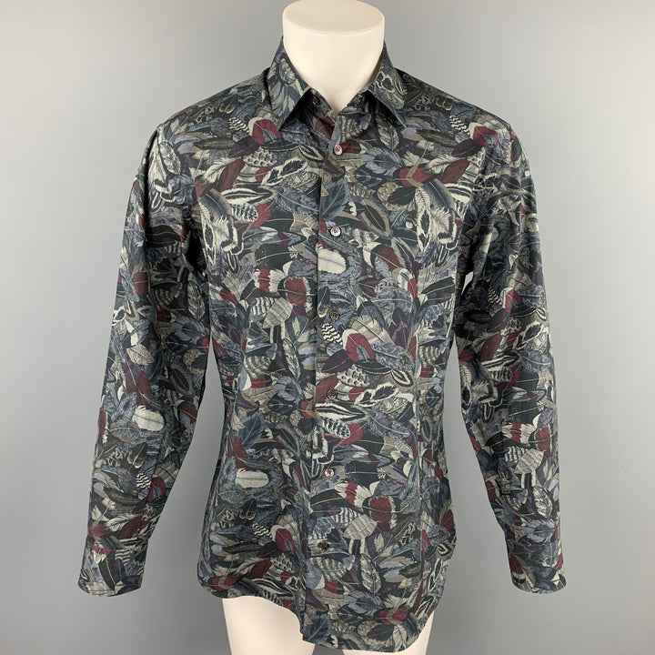 SALVATORE FERRAGAMO Size L Charcoal & Grey Print Cotton Long Sleeve Shirt