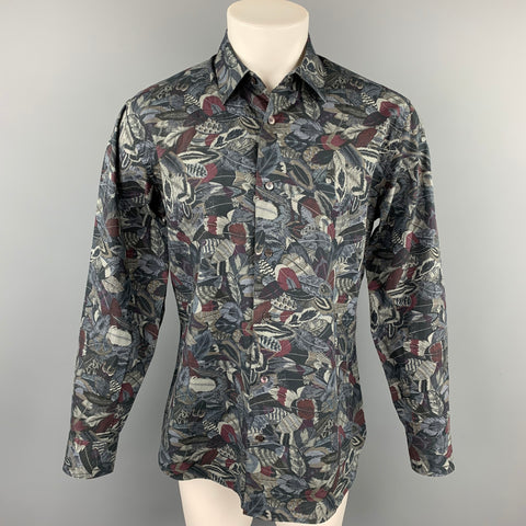 SALVATORE FERRAGAMO Size L Charcoal & Grey Print Cotton Long Sleeve Shirt