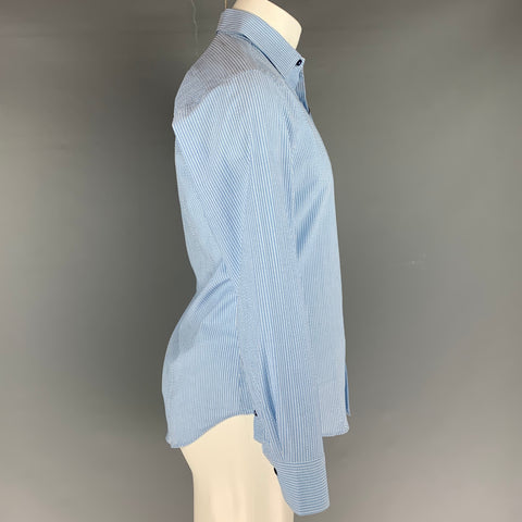 IKE BEHAR Camisa de manga larga con botones de algodón seersucker azul claro y blanco talla S
