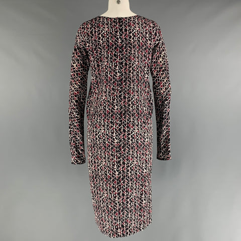 MARNI Size 2 Black Burgundy White Silk Abstract Long Sleeve Dress