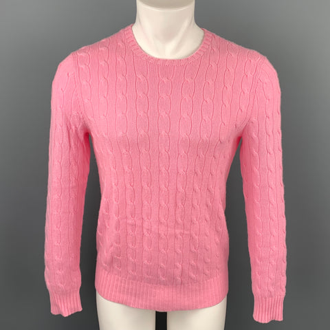 RALPH LAUREN Size S Pink Cable Knit Cashmere Crew-Neck Sweater