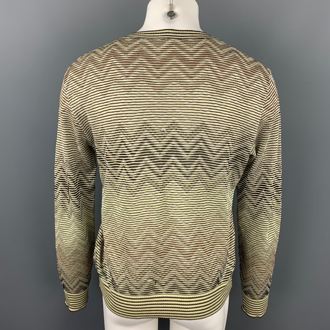 MISSONI Size L Beige & Brown Zig Zag Wool Blend V-Neck Sweater