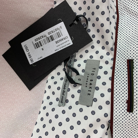 TED BAKER Size XXL White Orange Rhombus Button Down Short Sleeve Shirt