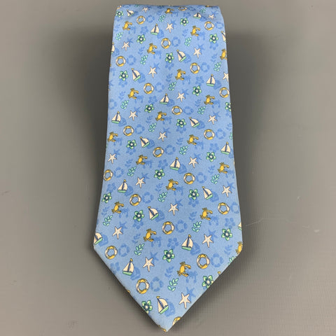 SALVATORE FERRAGAMO Blue White Seashells Silk Tie