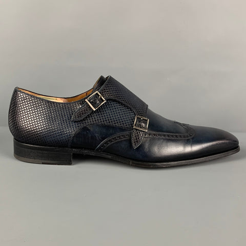 MAGNANNI Size 11 Dark Navy Textured Leather Double Monk Strap Loafers