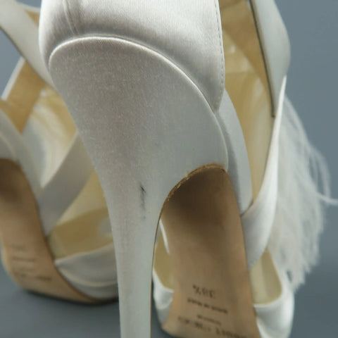 JIMMY CHOO US 8.5 / IT 38.5 White Silk / Leather Ostrich Feather Bridal Sandals JIMMY CHOO