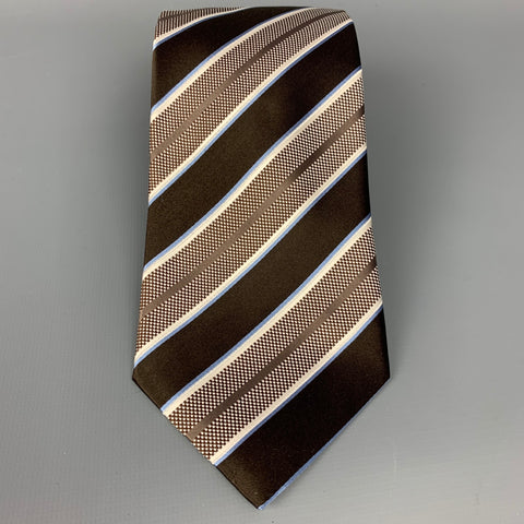 ERMENEGILDO ZEGNA Brown & White Stripe Silk Tie