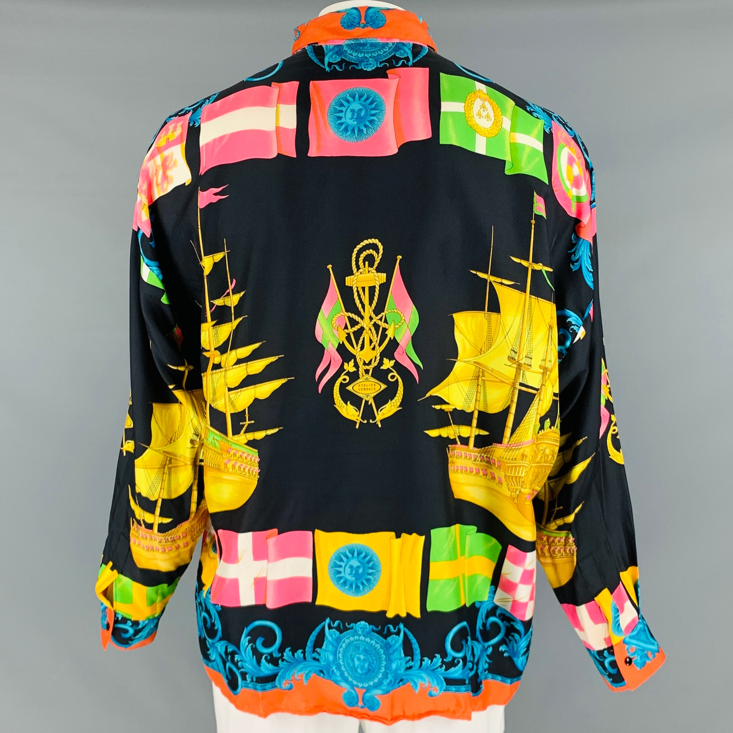 GIANNI VERSACE Size 44 Multi Color Print Silk Hidden Placket Long