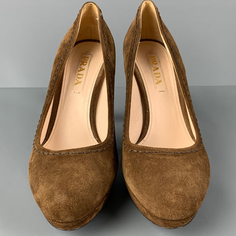 PRADA Size 8.5 Brown Suede Contrast Stitch Platform Pumps