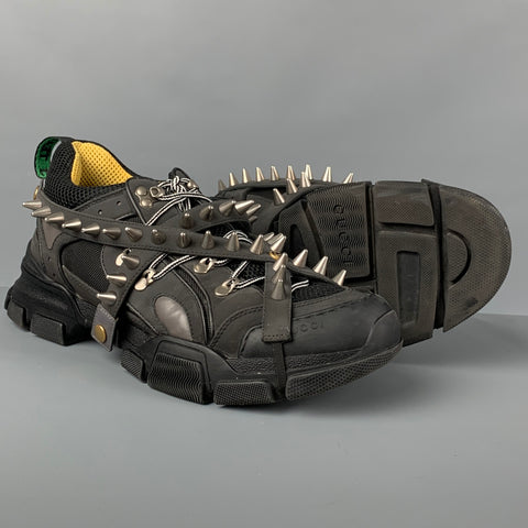 GUCCI Size 11 Black Flashtrek Spikes Canvas Leather Trim Sneakers