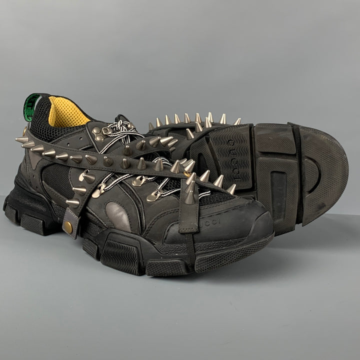 GUCCI Taille 11 Baskets noires Flashtrek Spikes en toile et garniture en cuir