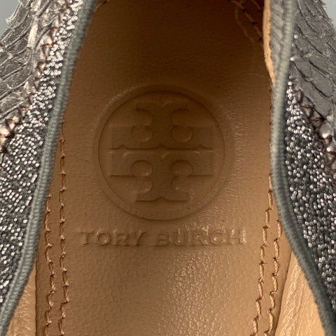 TORY BURCH Size 7 Silver Leather Textured Ballet Flats