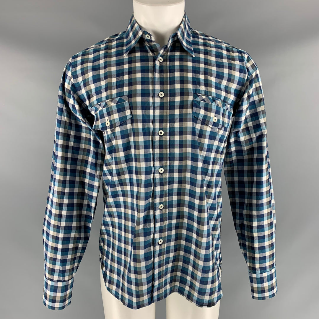 BILLY REID Size S Teal Blue & White Checkered Cotton Button Down Long Sleeve Shirt