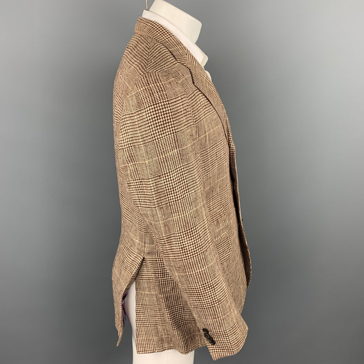 ETRO Taille 40 Manteau de sport à revers cranté en soie / lin à carreaux marron et beige