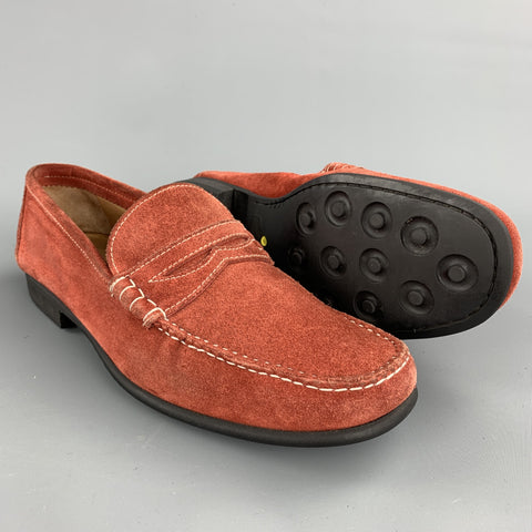 BATTISTONI Size 7.5 Brick Contrast Stitch Suede Slip On Penny Loafers