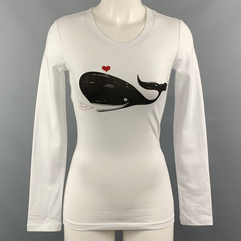 LOVE MOSCHINO Size 2 White Cotton / Elastane Black Graphic Rhinestones T-Shirt