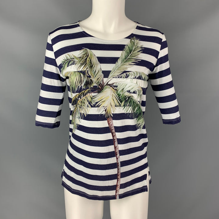 STELLA McCARTNEY Size 4 Blue & White Palm Tree Cotton Stripe T-Shirt