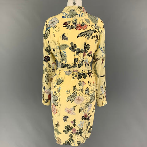 GUCCI 2015 Resort Flora by Kris Knight Size 6 Yellow Green Silk Long Sleeve Dress