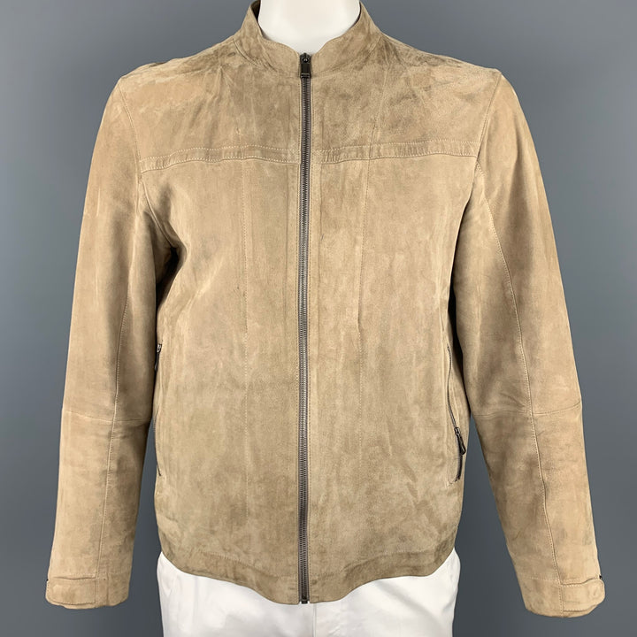 ZEGNA SPORT Size L Khaki Leather Nehru Collar Jacket