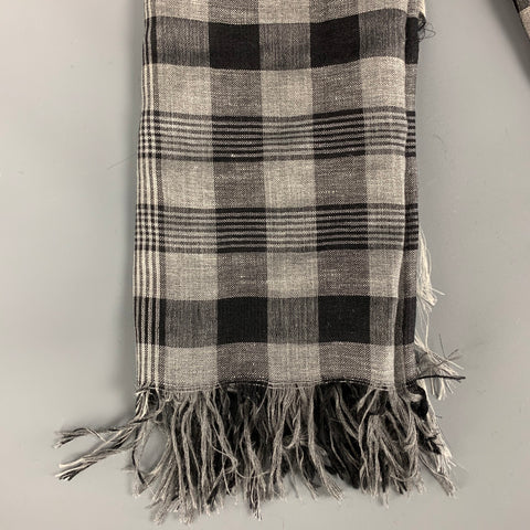 KRIS VAN ASSCHE Grey Black Checkered Cashmere Linen Scarf