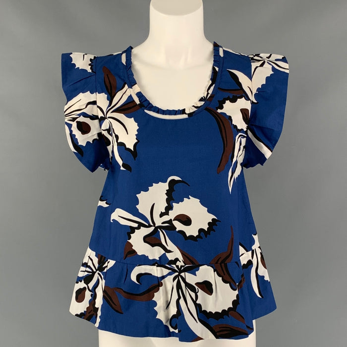 MARNI Size 0 Blue &  White Cotton Floral Sleeveless Blouse