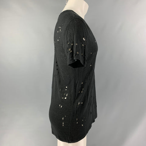 IRO Size M Black Distressed Linen Crew-Neck T-shirt