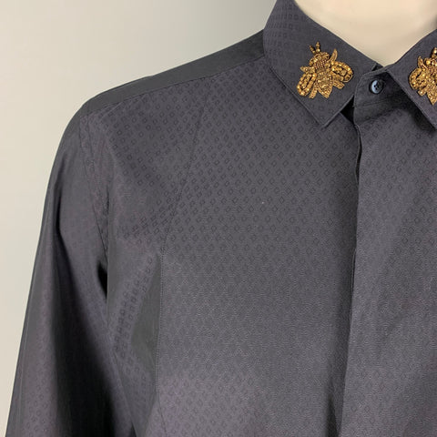 DOLCE & GABBANA Size XL Navy Rhombus Cotton Beaded Royal Bees Long Sleeve Shirt
