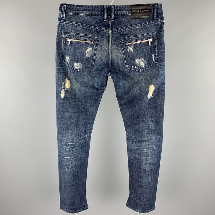 PIERRE BALMAIN Size 30 Indigo Distressed Denim Zip Fly Jeans