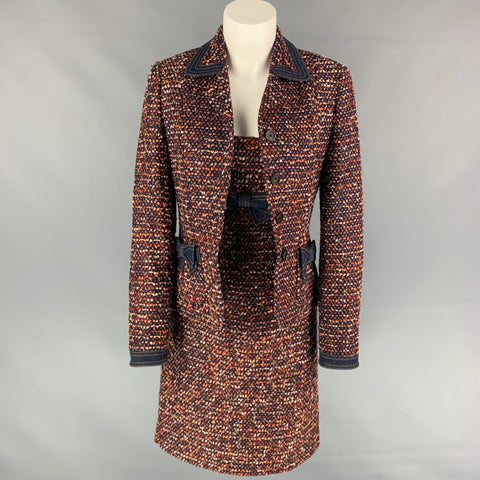 ESCADA Taille 4 Ensemble de robe en laine mélangée texturée bleu marine et bordeaux sous le genou