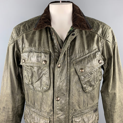 RALPH LAUREN Size L Moss Green Distressed Coated Cotton Zip & Snaps Jacket
