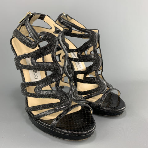JIMMY CHOO Talla 7 Sandalias de tiras de cuero con purpurina y piel de serpiente negra