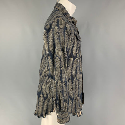 KAPITAL Size L Indigo Grey Feathers Cotton Raw Edge Long Sleeve Shirt