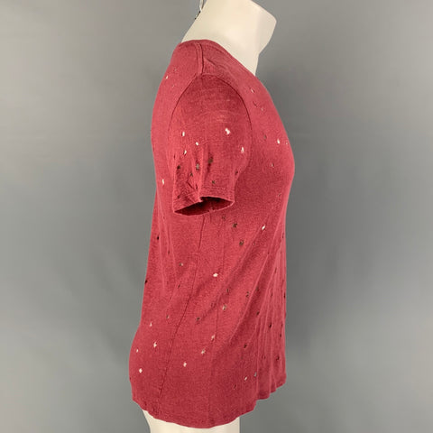 IRO Size S Burgundy Distressed Linen Crew-Neck Clay T-shirt